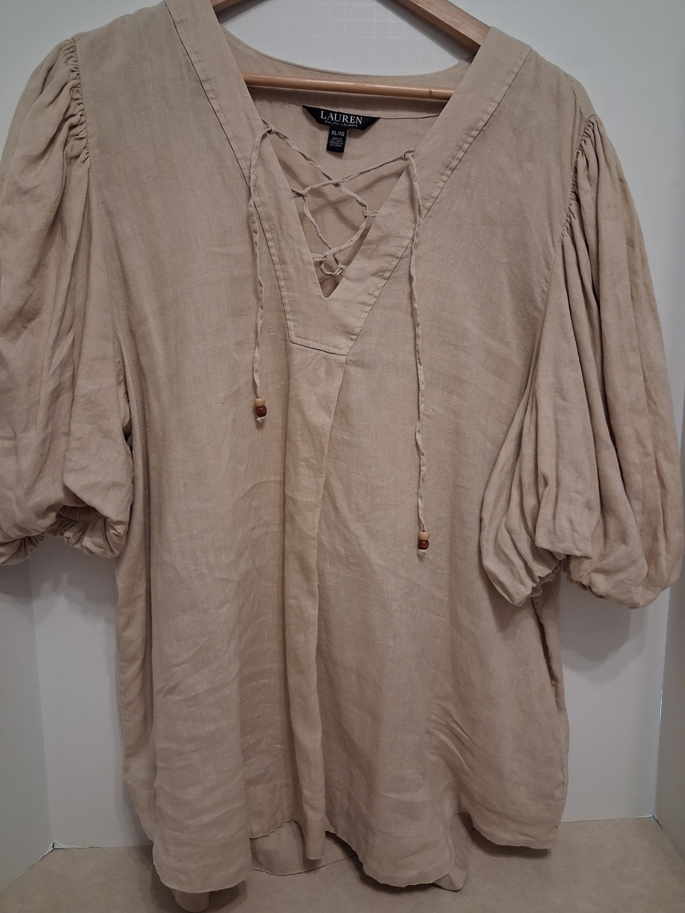 Lauren Ralph Lauren Beige Lace-Up Peasant Blouse
